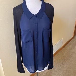 Like new blue silk button shirt with black modal & silk contrast sheer sleeves